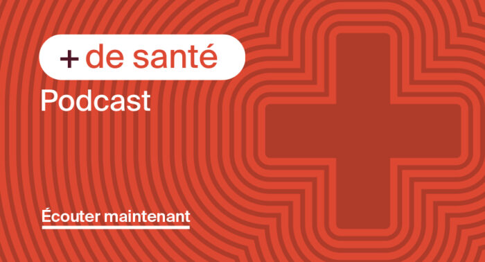 Logo croix rouge sur fond rouge, podcast plus de santé