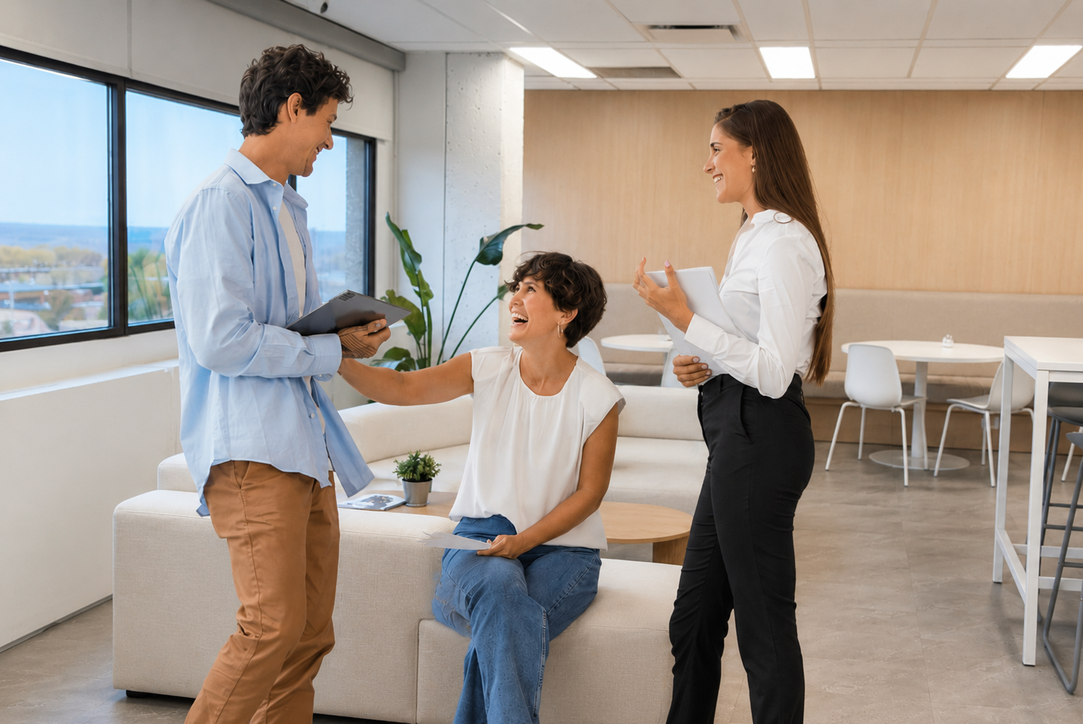 Trois employés échangent et collaborent dans la salle à manger moderne des bureaux de GSE, un environnement lumineux et convivial favorisant le bien-être au travail et les relations humaines.