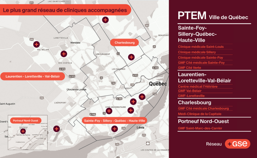 Carte des cliniques du reseau GSE dans la ville de Quebec