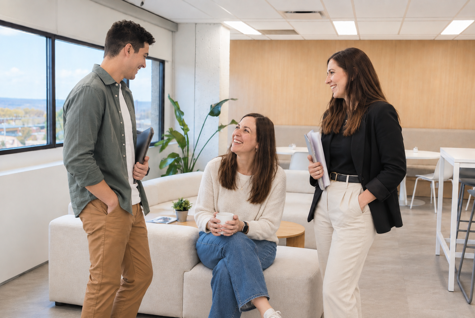 Trois membres de l’équipe GSE discutent dans un espace de travail lumineux.