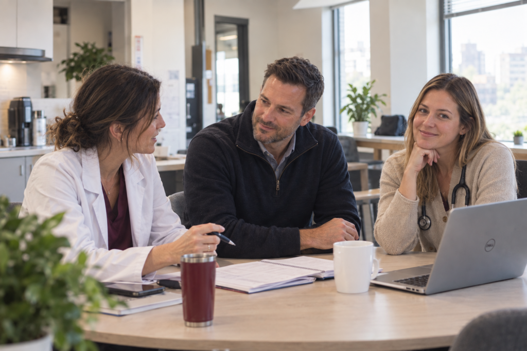 Professionnels réunis autour d’une table dans une clinique du réseau GSE