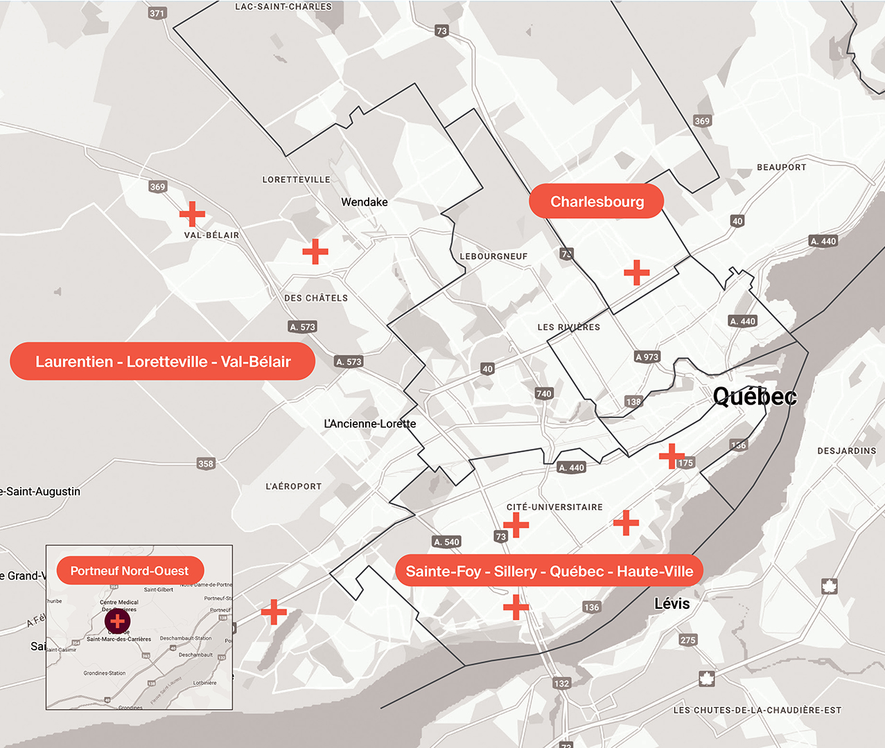 Carte de la ville de québec avec les cliniques du réseau GSE identifiées